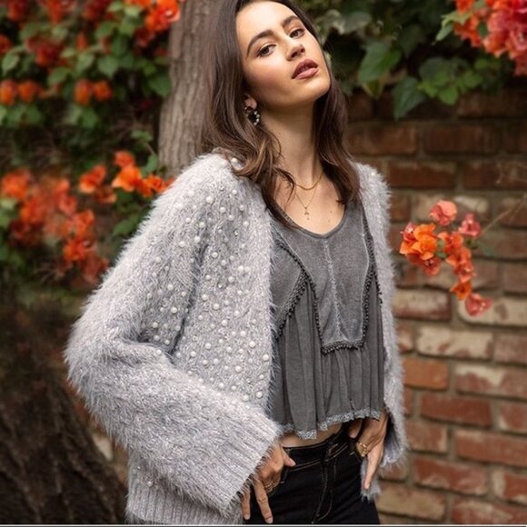 POL gray Cardigan with Pearl Details - Picture 1 of 9